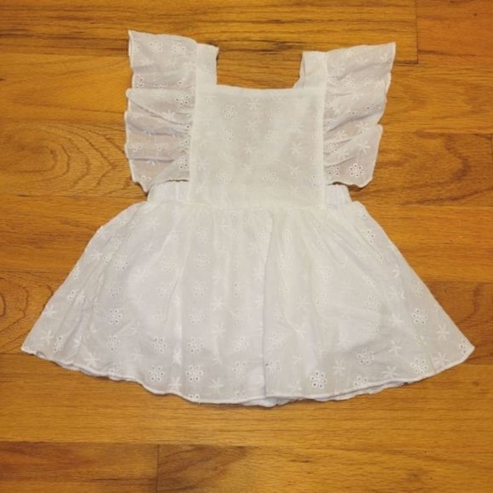 Girls White Eyelet Ruffle Bubble Pinafore Dress 6 Month